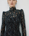 VOTIVA MAXI DRESS IN BLACK METALLIC LACE - De La Vali