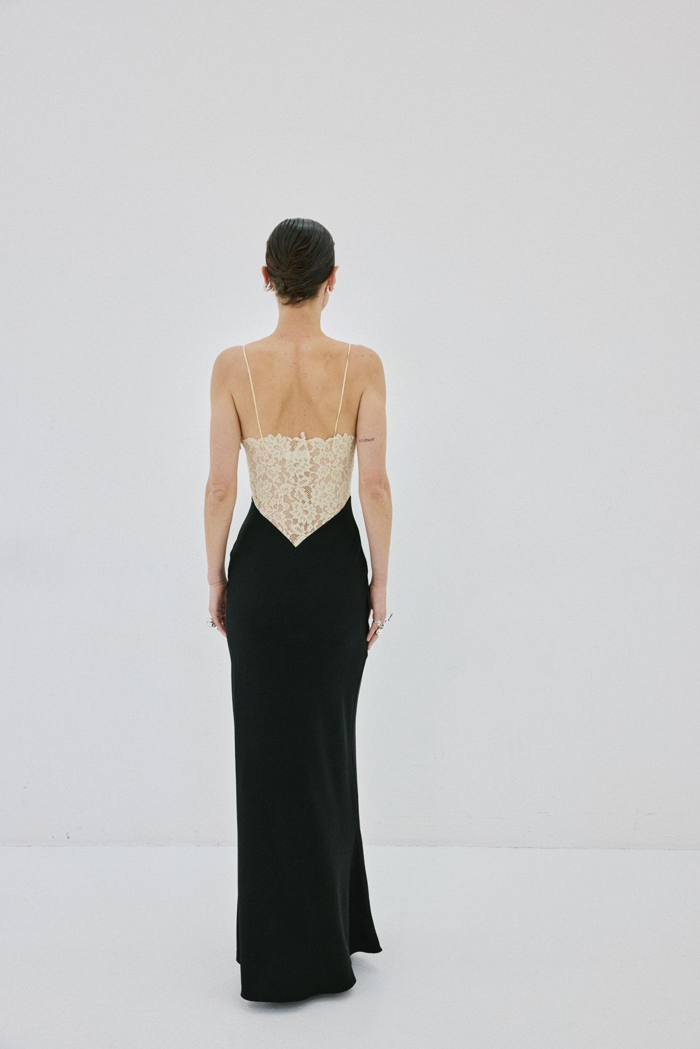 MAEVE MAXI DRESS IN BLACK AND SOFT YELLOW SATIN