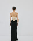 MAEVE MAXI DRESS IN BLACK AND SOFT YELLOW SATIN