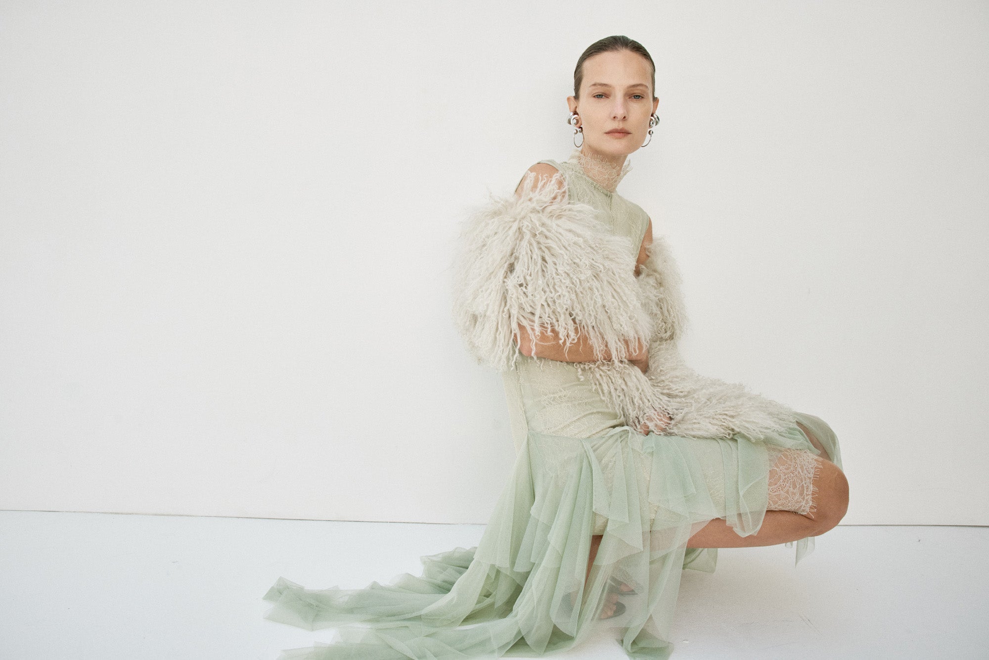 MORWEN MIDI DRESS IN STONE BEIGE & SAGE GREEN FINE LACE