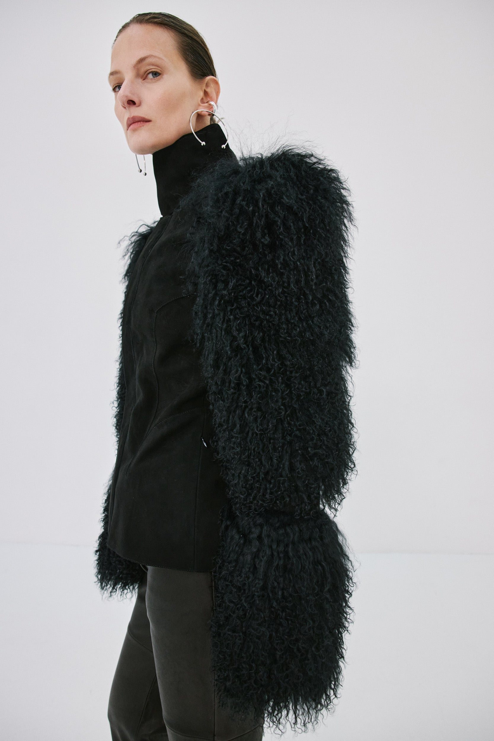 LUNETH JACKET IN BLACK MONGOLIAN FUR & SUEDE
