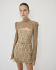 VIRESCO MINI DRESS IN TRUFFLE BROWN LACE - De La Vali