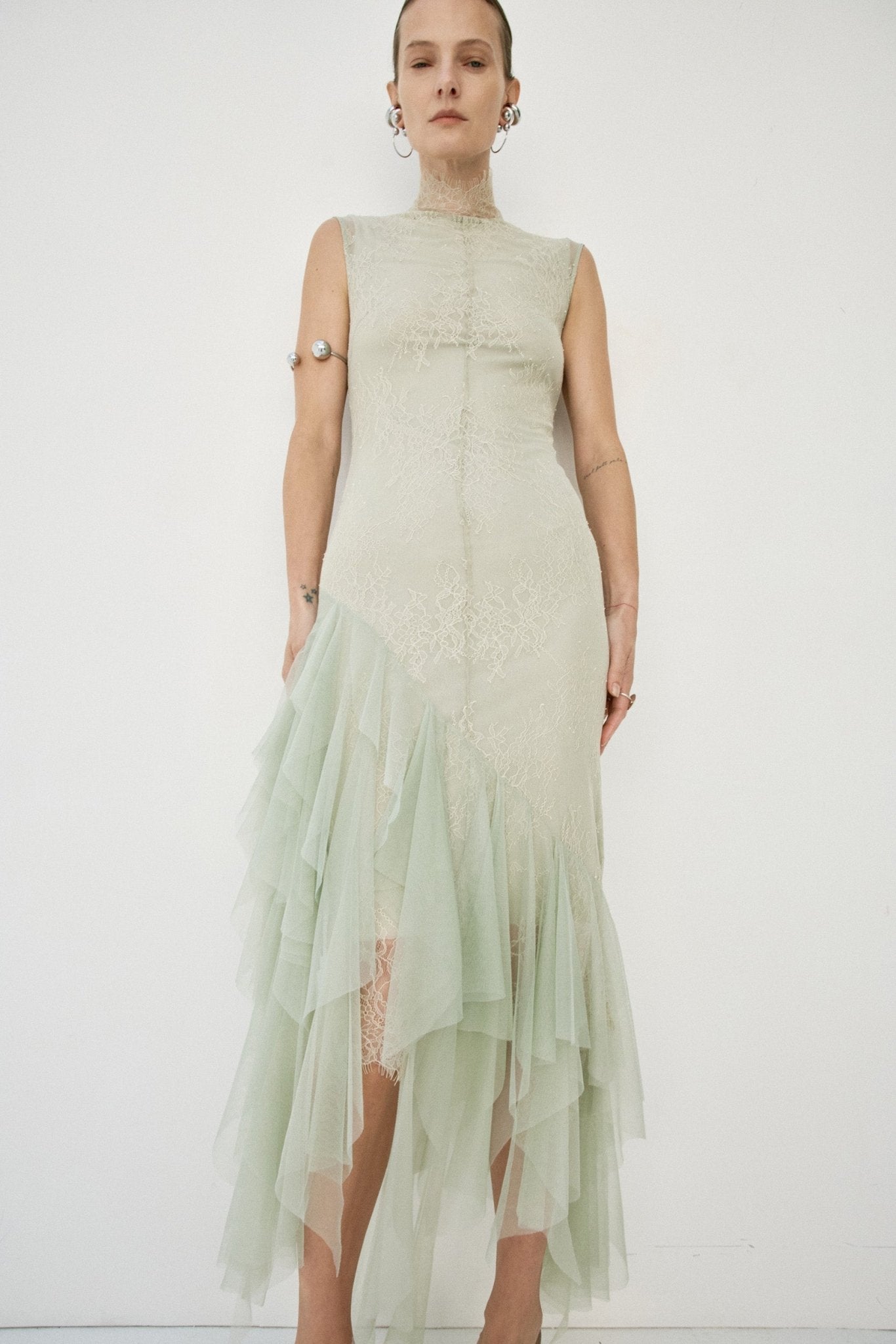 MORWEN MIDI DRESS IN STONE BEIGE & SAGE GREEN FINE LACE