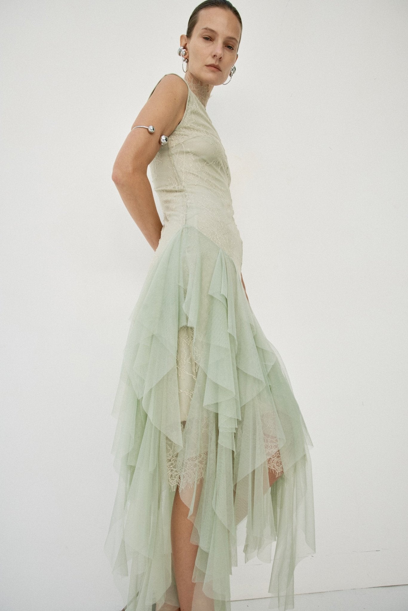 MORWEN MIDI DRESS IN STONE BEIGE & SAGE GREEN FINE LACE