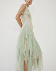 MORWEN MIDI DRESS IN STONE BEIGE & SAGE GREEN FINE LACE