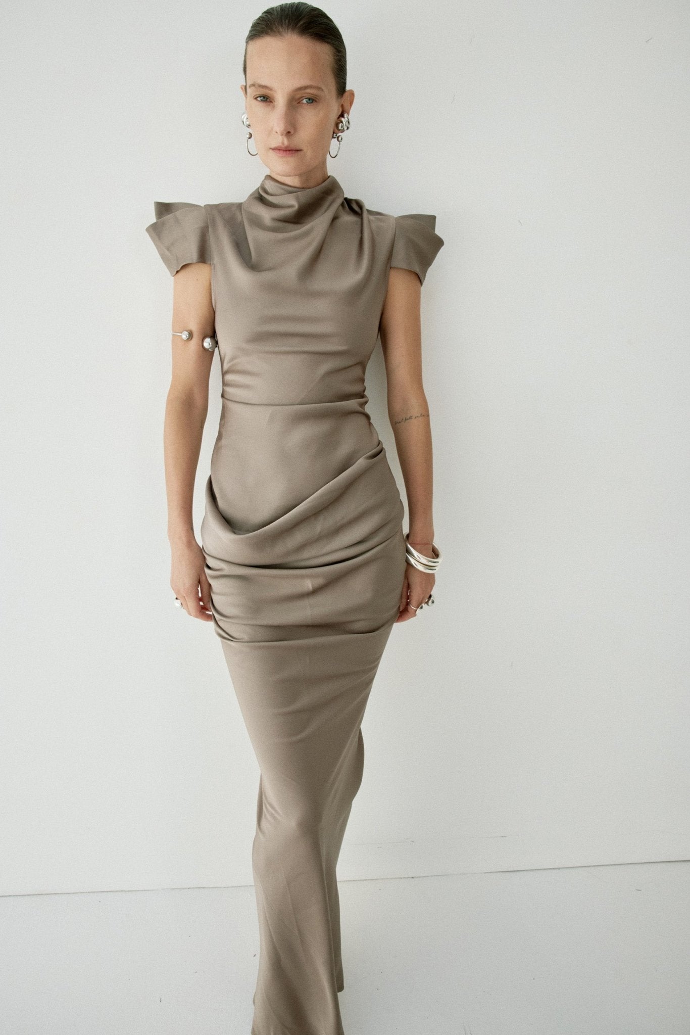 COSIMA MAXI DRESS IN TRUFFLE BROWN SATIN