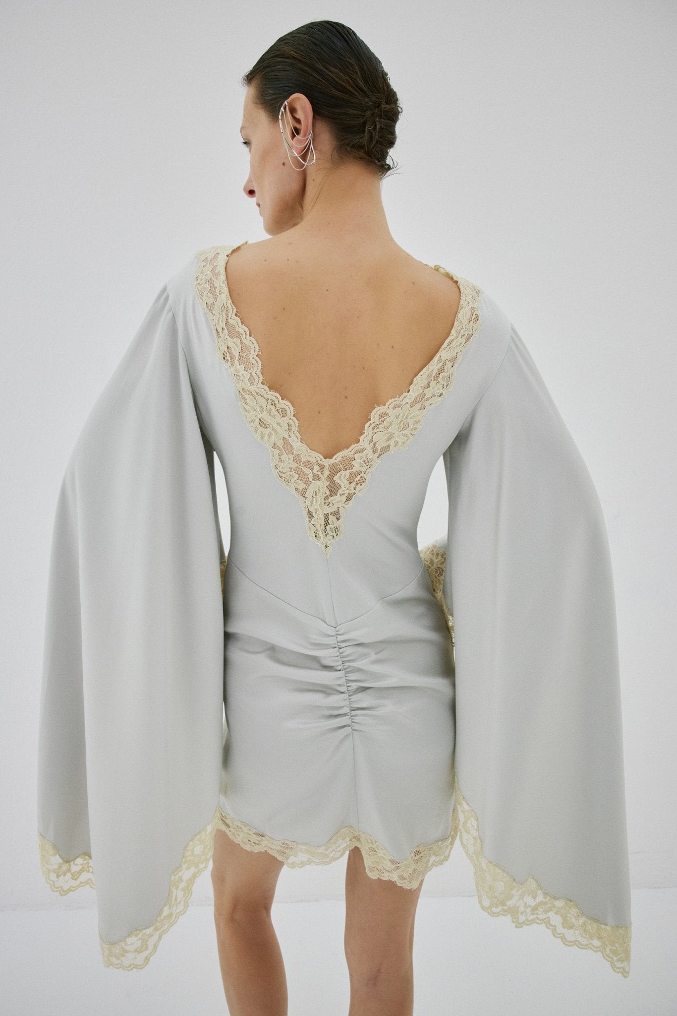 ASTRAL MINI DRESS IN STONE BEIGE AND SOFT YELLOW SATIN - De La Vali
