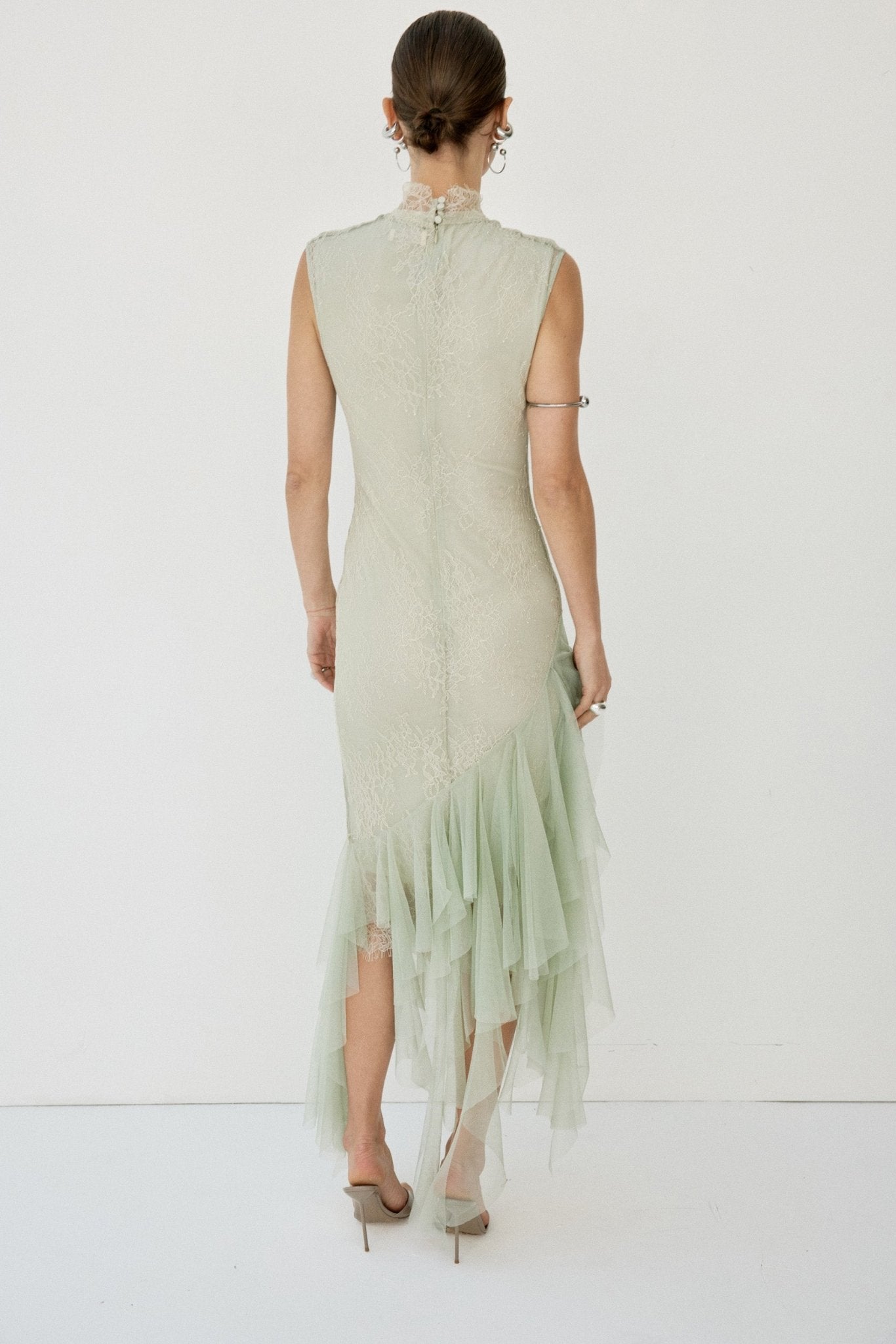 MORWEN MIDI DRESS IN STONE BEIGE & SAGE GREEN FINE LACE
