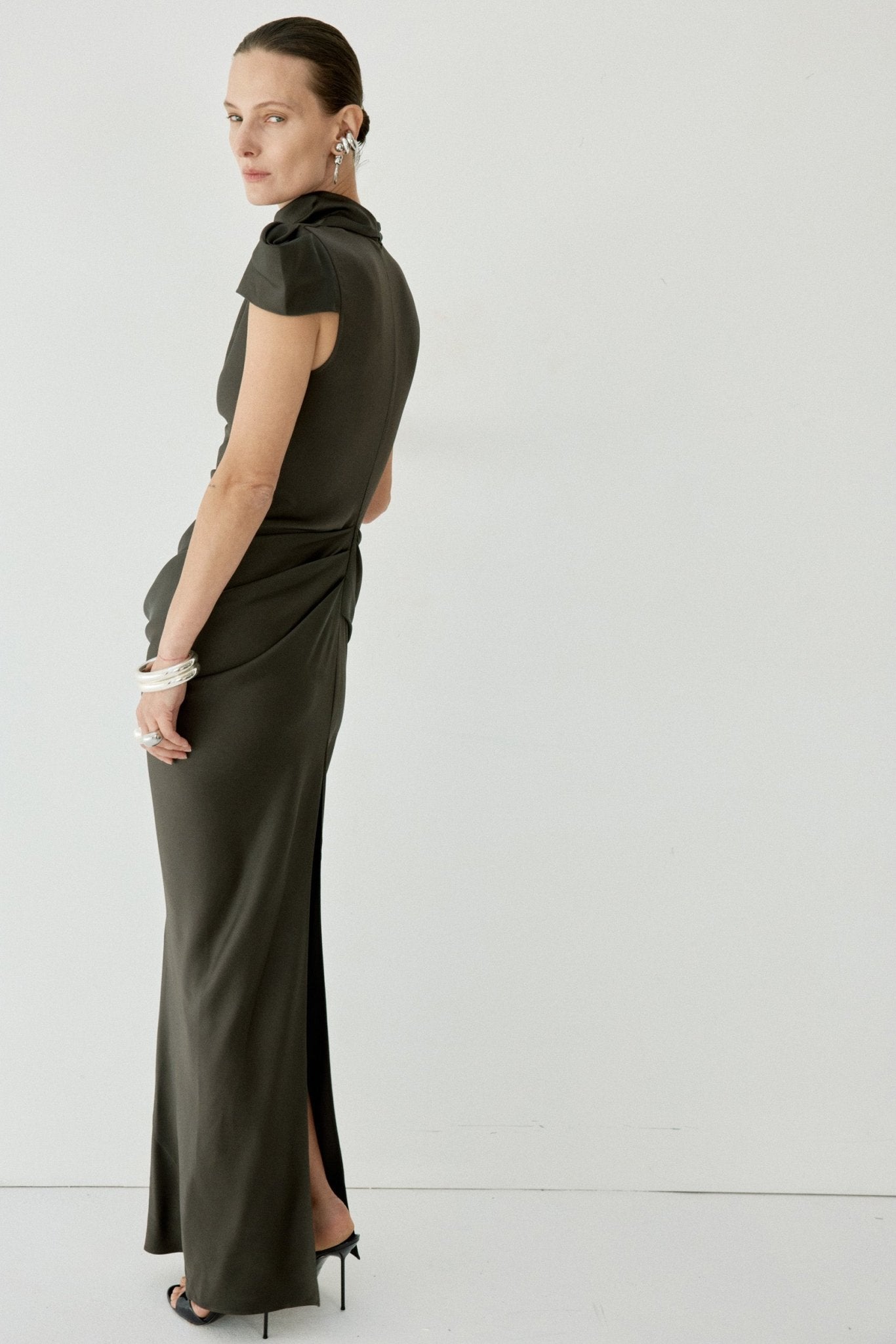 COSIMA MAXI DRESS IN CHOCOLATE BROWN SATIN