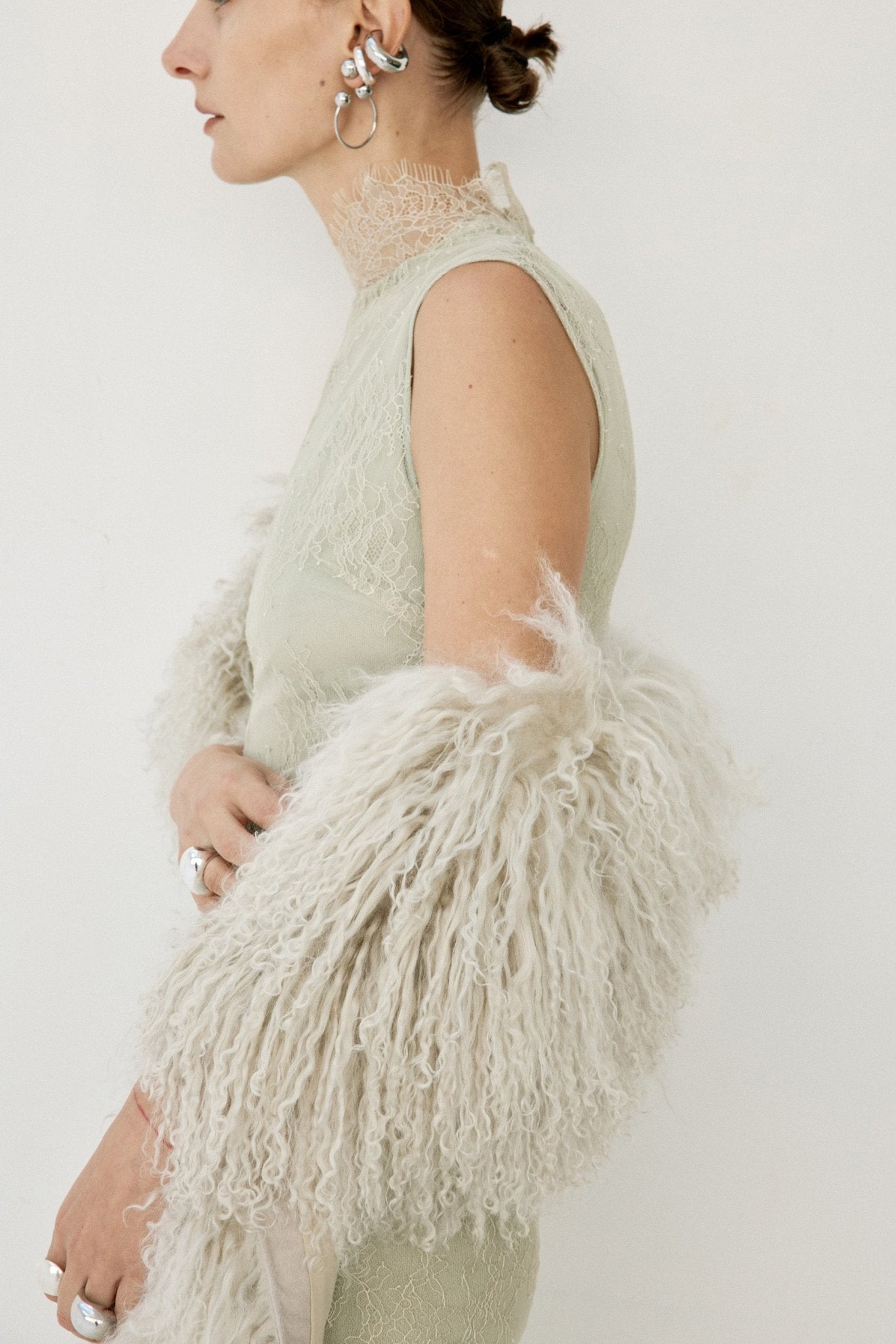 MORWEN MIDI DRESS IN STONE BEIGE & SAGE GREEN FINE LACE