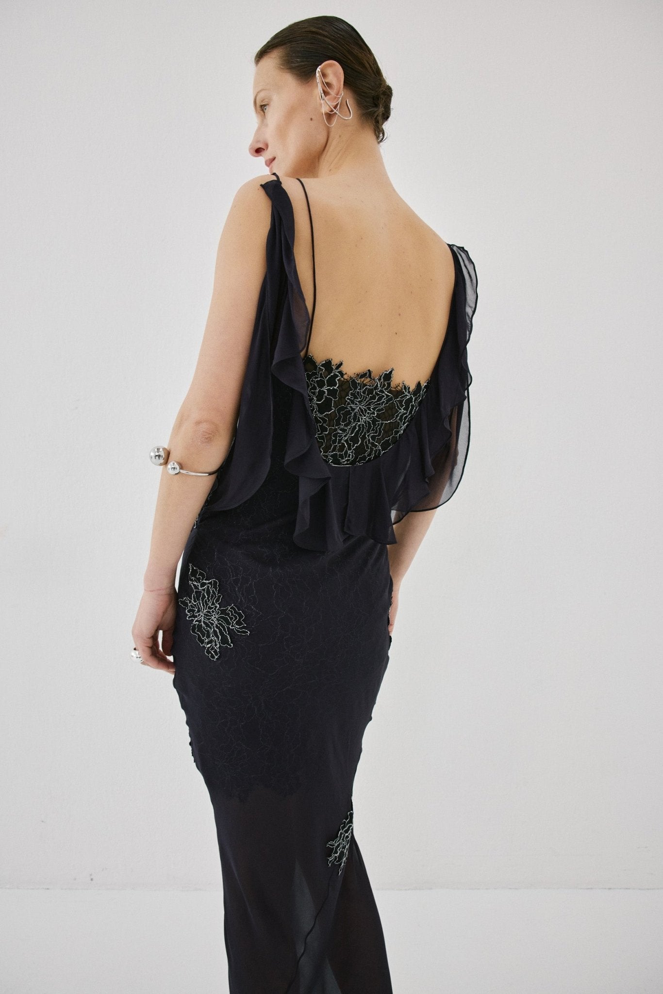 EMERALD MAXI DRESS IN MIDNIGHT AND BLACK LACE