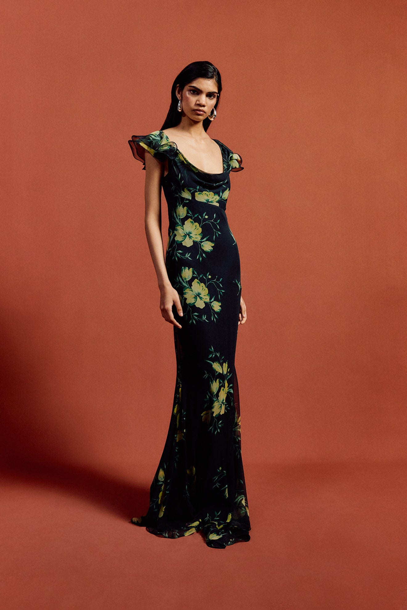 GAIA MAXI DRESS IN PRIMAVERA - BLACK SILK CHIFFON - De La Vali