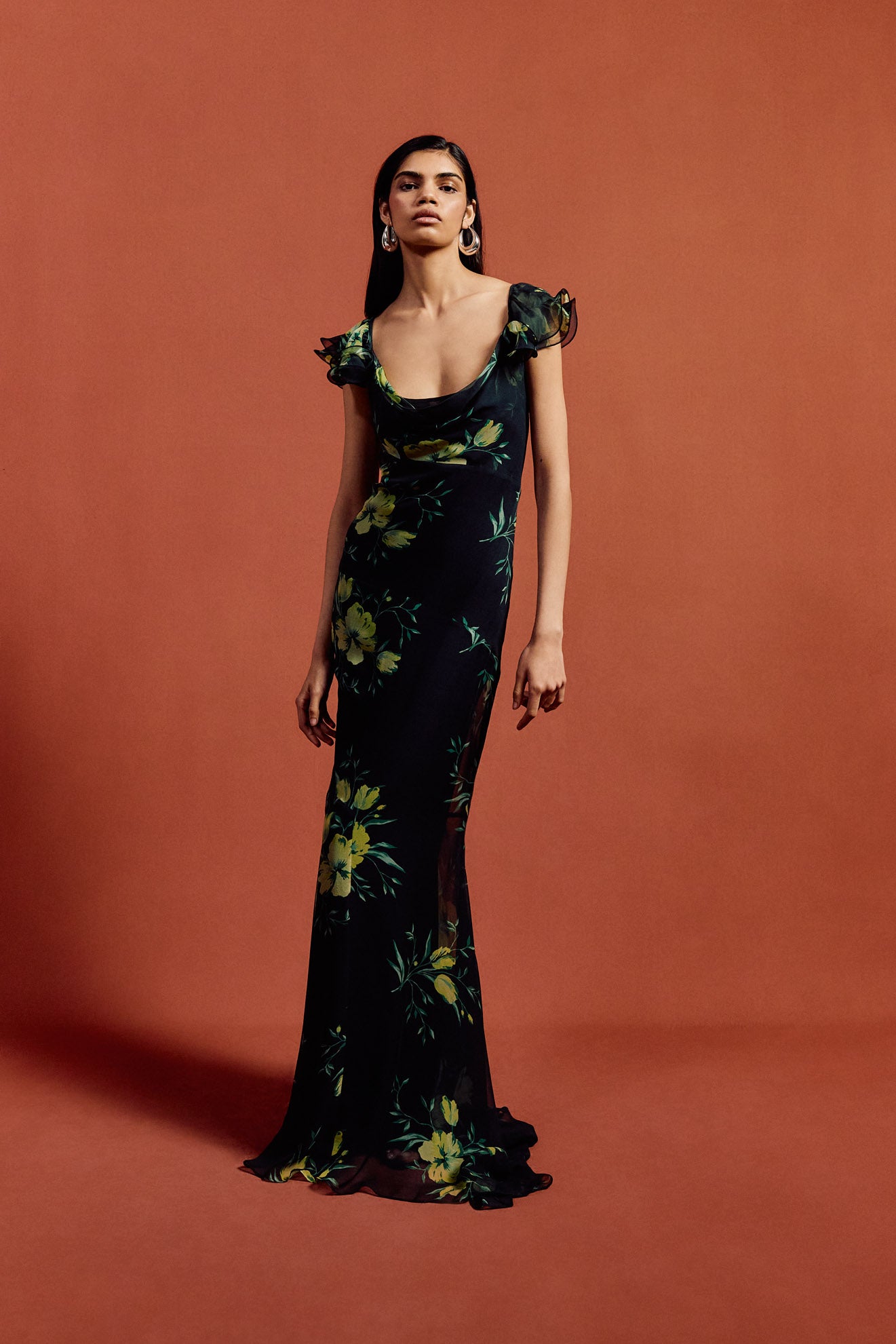 GAIA MAXI DRESS IN PRIMAVERA - BLACK SILK CHIFFON - De La Vali