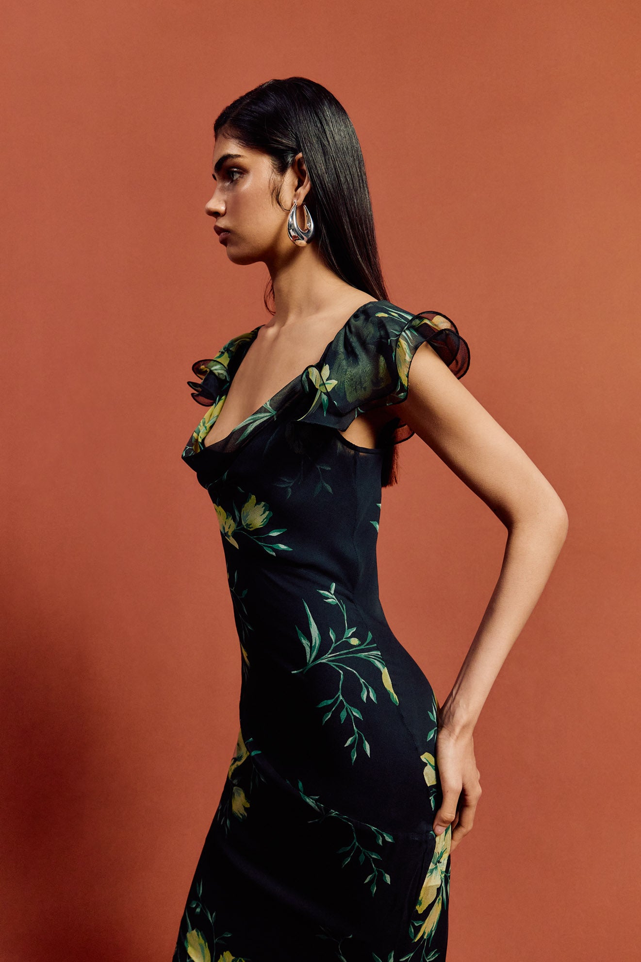 GAIA MAXI DRESS IN PRIMAVERA - BLACK SILK CHIFFON - De La Vali