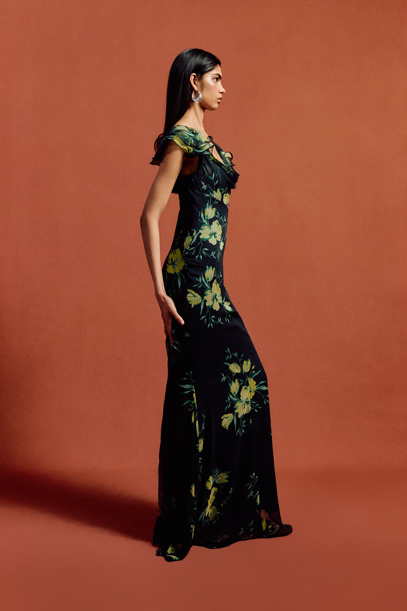 GAIA MAXI DRESS IN PRIMAVERA - BLACK SILK CHIFFON - De La Vali