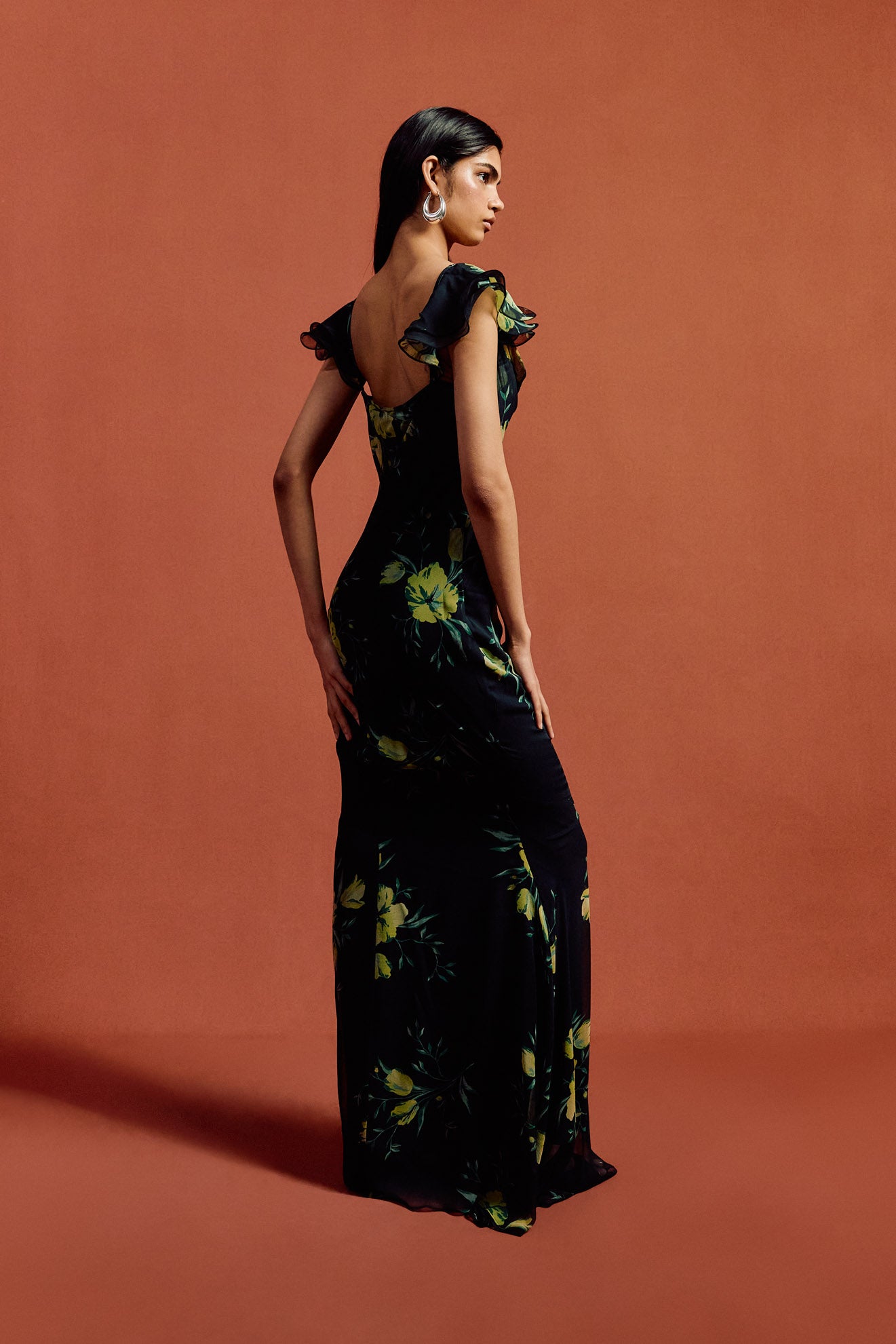 GAIA MAXI DRESS IN PRIMAVERA - BLACK SILK CHIFFON - De La Vali