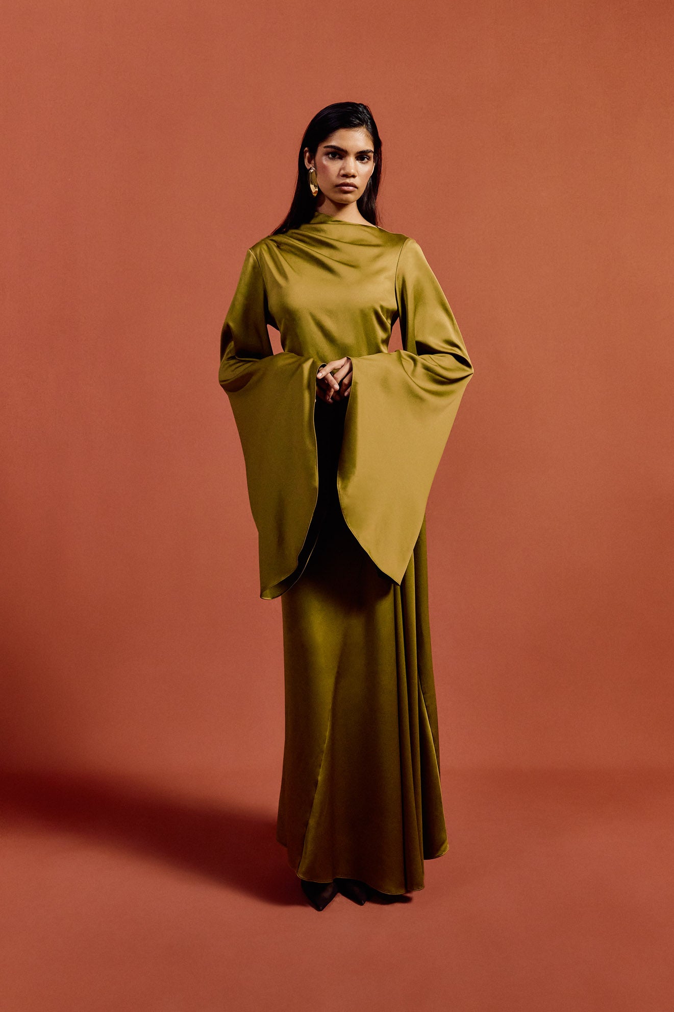 HAUSOS MAXI DRESS IN FENNEL SATIN CREPE - De La Vali