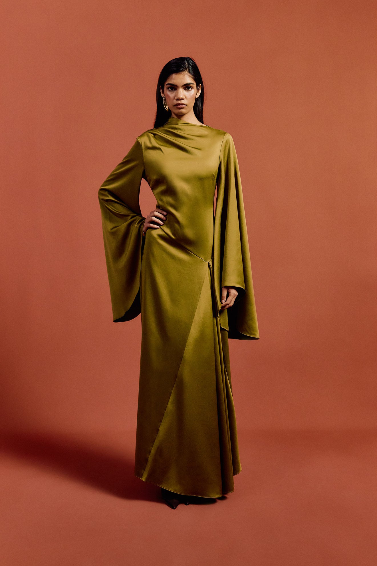 HAUSOS MAXI DRESS IN FENNEL SATIN CREPE - De La Vali