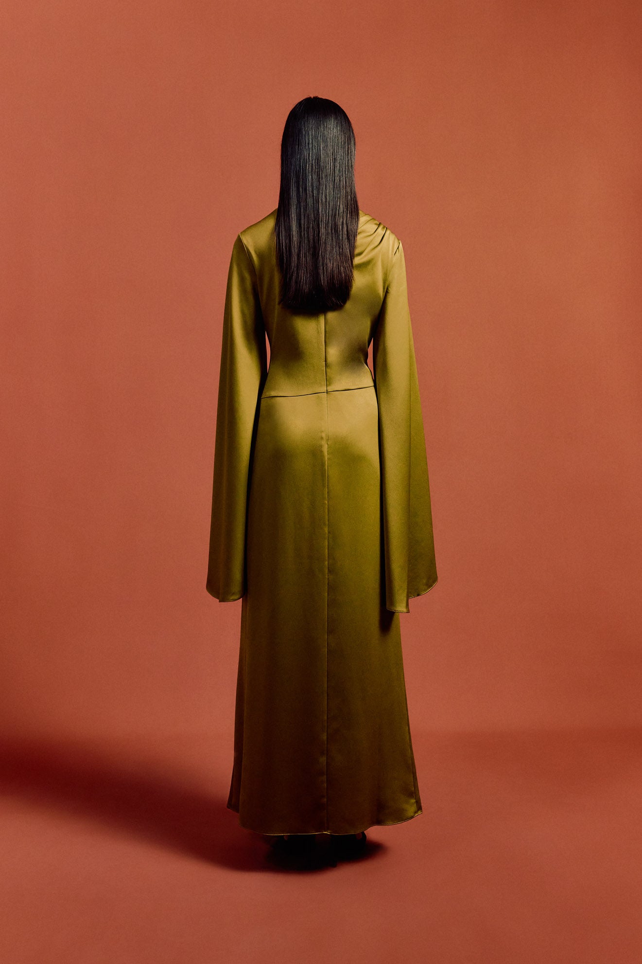 HAUSOS MAXI DRESS IN FENNEL SATIN CREPE - De La Vali