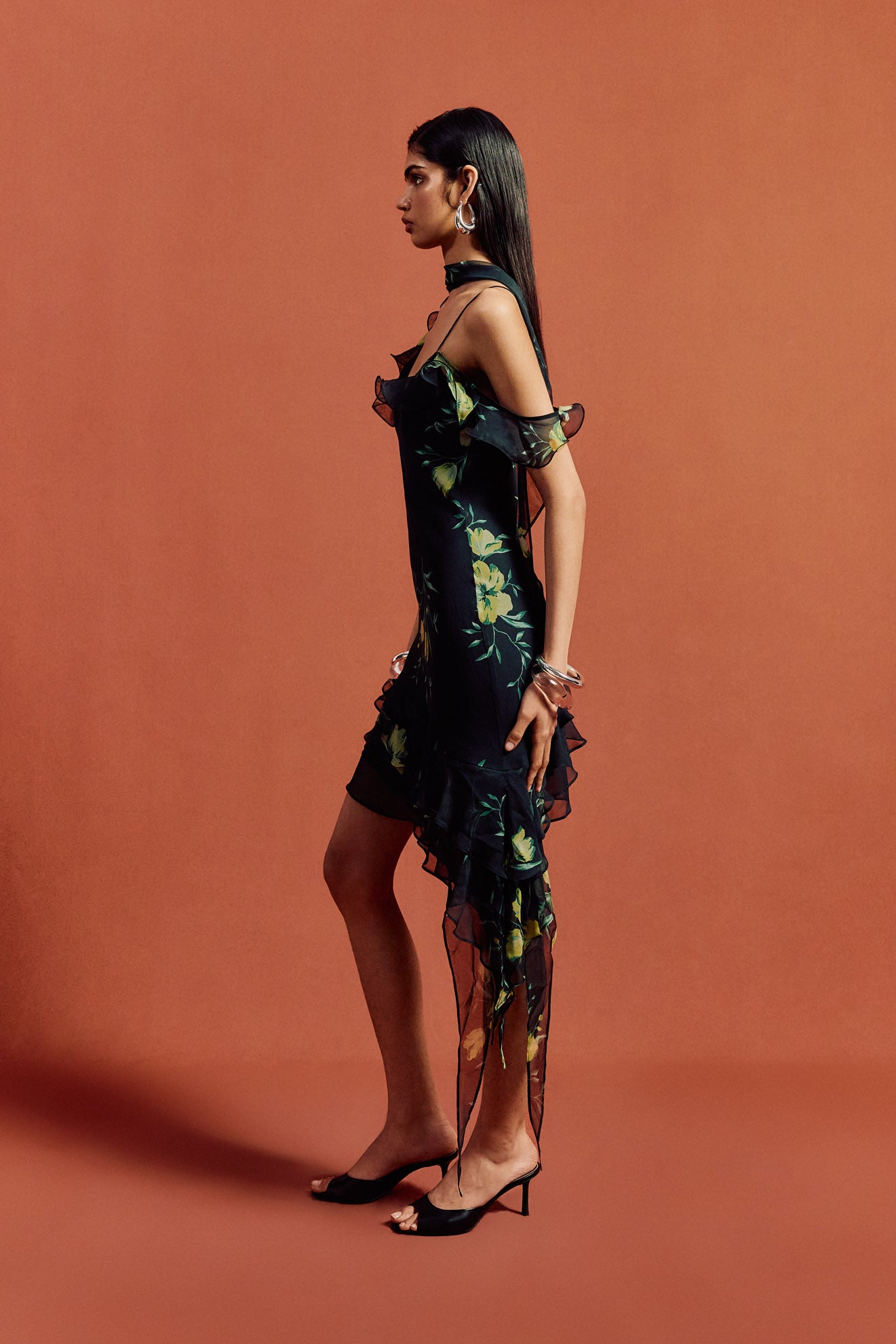 HEMERA MINI DRESS IN PRIMAVERA - BLACK SILK CHIFFON - De La Vali