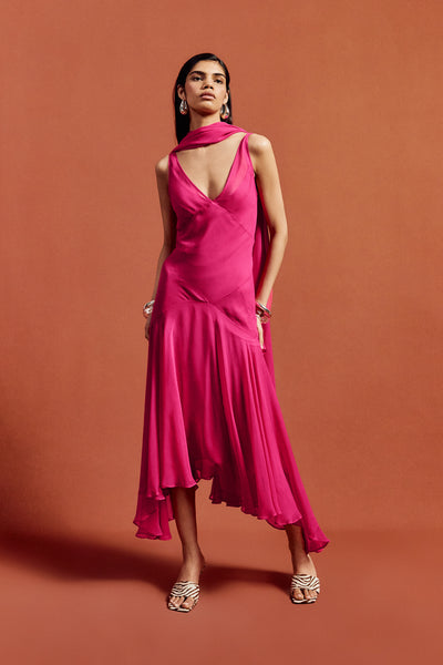 strapless open back dress MISTICA MIDI DRESS IN HOT PINK SILK CHIFFON – DE LA VALI OFFICIAL