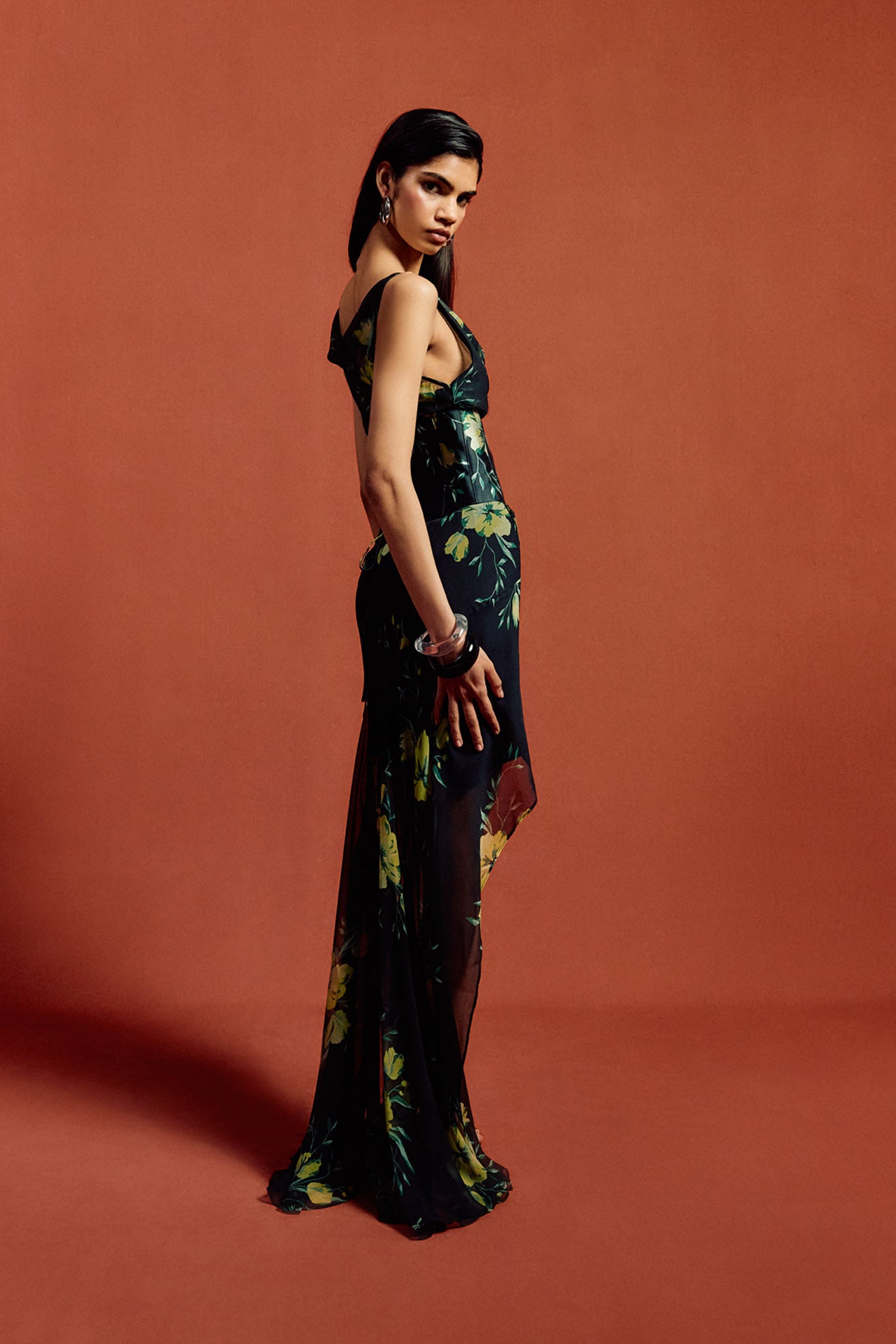 PERENNA MIDI DRESS IN PRIMAVERA - BLACK SILK CHIFFON - De La Vali