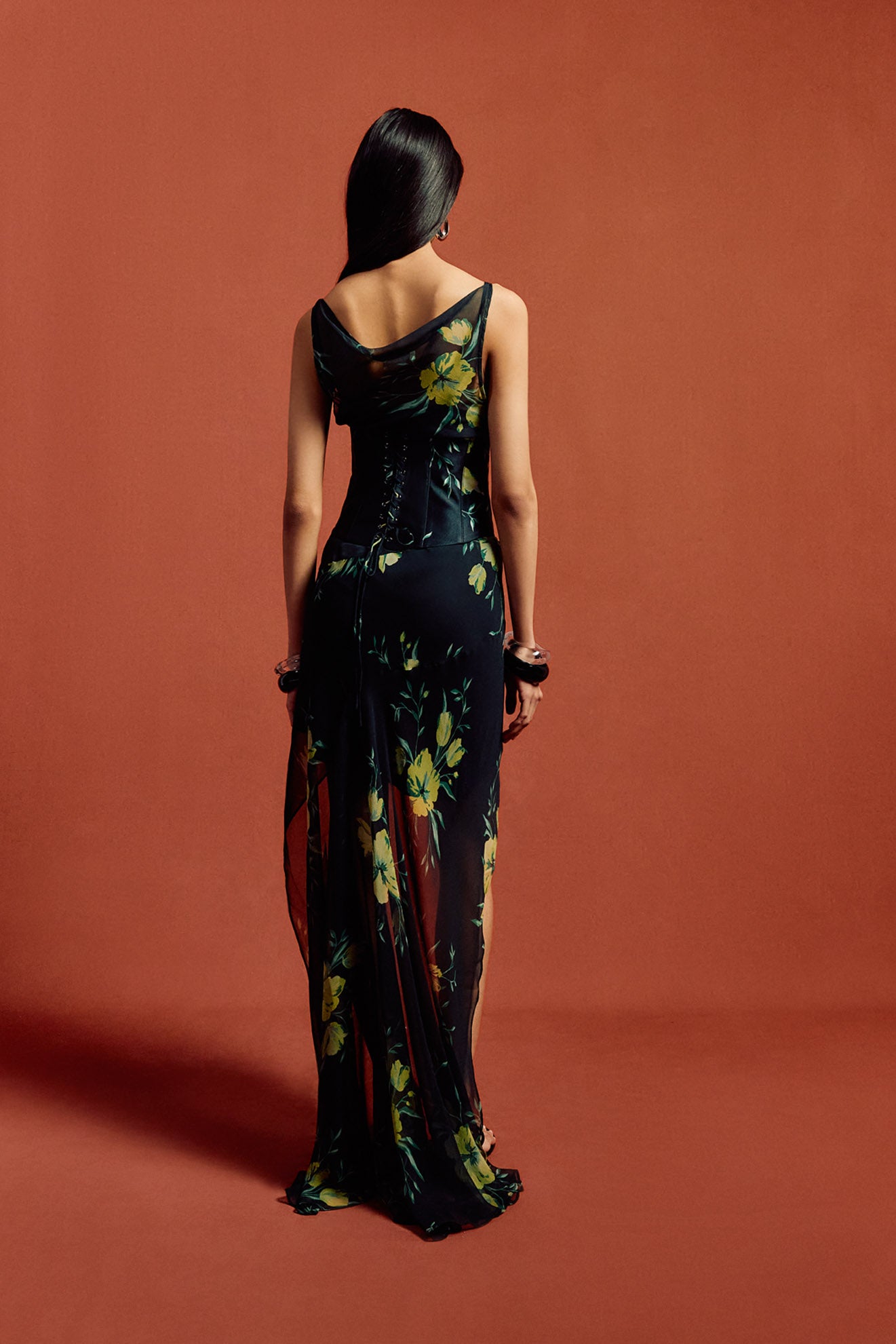 PERENNA MIDI DRESS IN PRIMAVERA - BLACK SILK CHIFFON - De La Vali