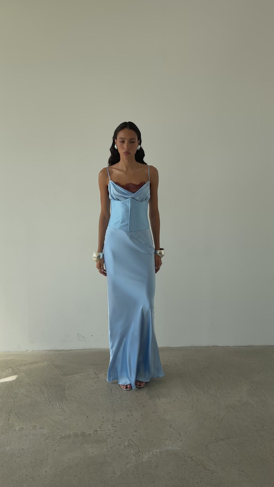 CLEODORA MAXI DRESS IN SKY SILK SATIN