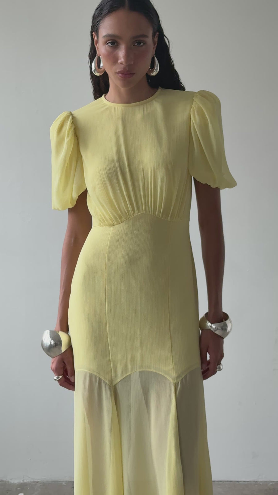 AGUA MAXI DRESS IN BABY YELLOW CRINKLE CHIFFON